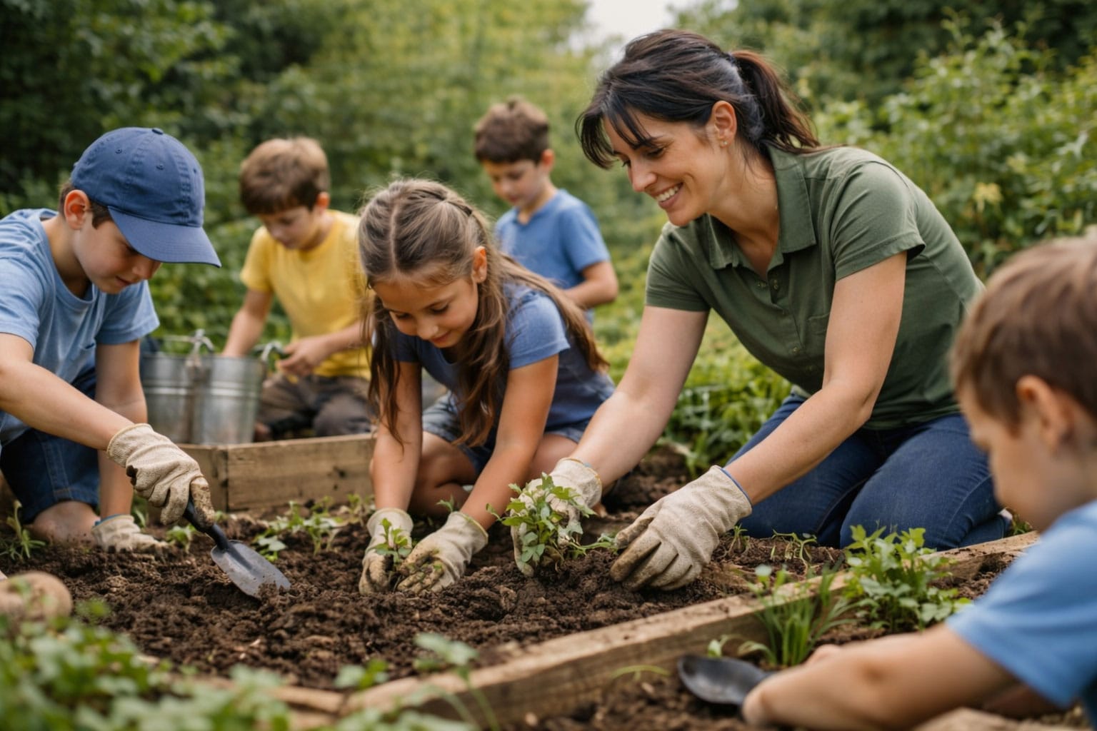 Kinder und Lehrerin beim pflanzen